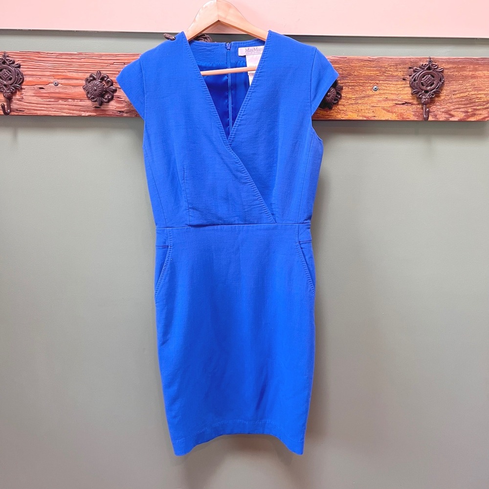 Max Mara Cobalt Blue Virgin Wool V-Neck Cap Sleeve Sheath Dress‎ Size 10 Italy